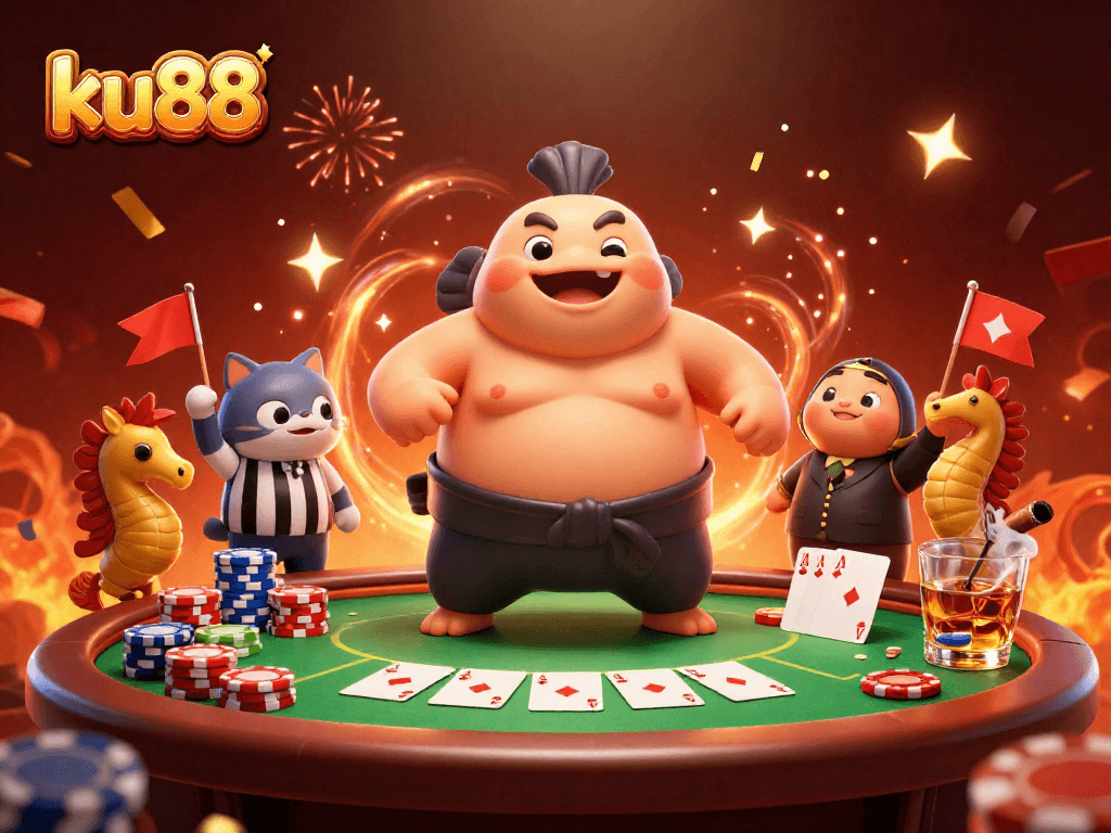 Engage with ku88's vibrant gaming scene featuring a fugu, catfish, and seahorse in animated casino action.