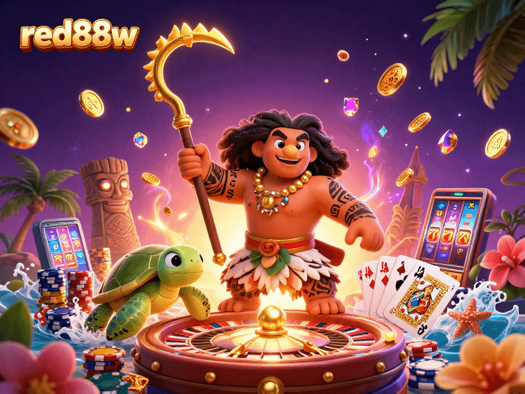 Experience the thrill of winning at red88w with a 3D illustration showcasing vibrant casino elements and iconic characters.