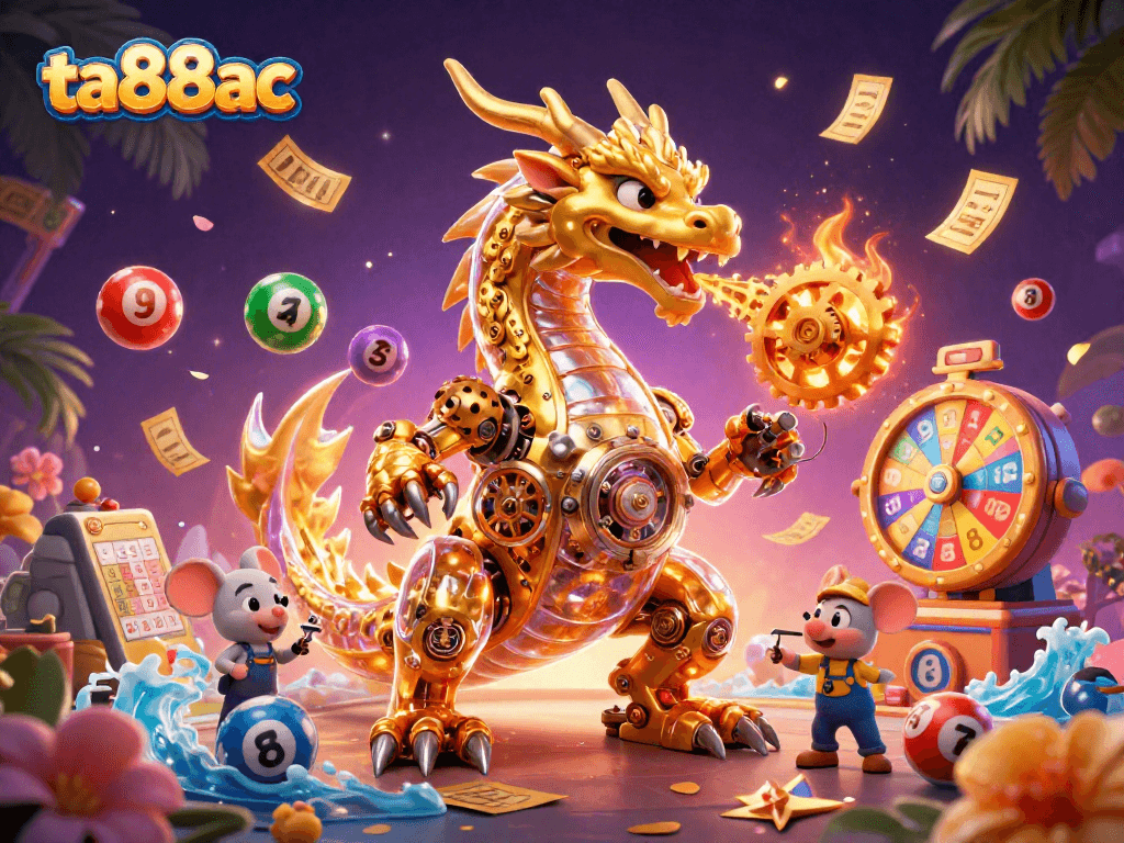 Engage with ta88ac's vibrant 3D scene featuring a golden dragon, lottery elements, and a lively casino atmosphere.