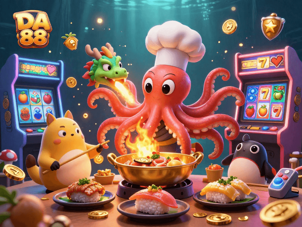 Experience exciting wins with DA 88 as vibrant characters play slots amidst a colorful casino.