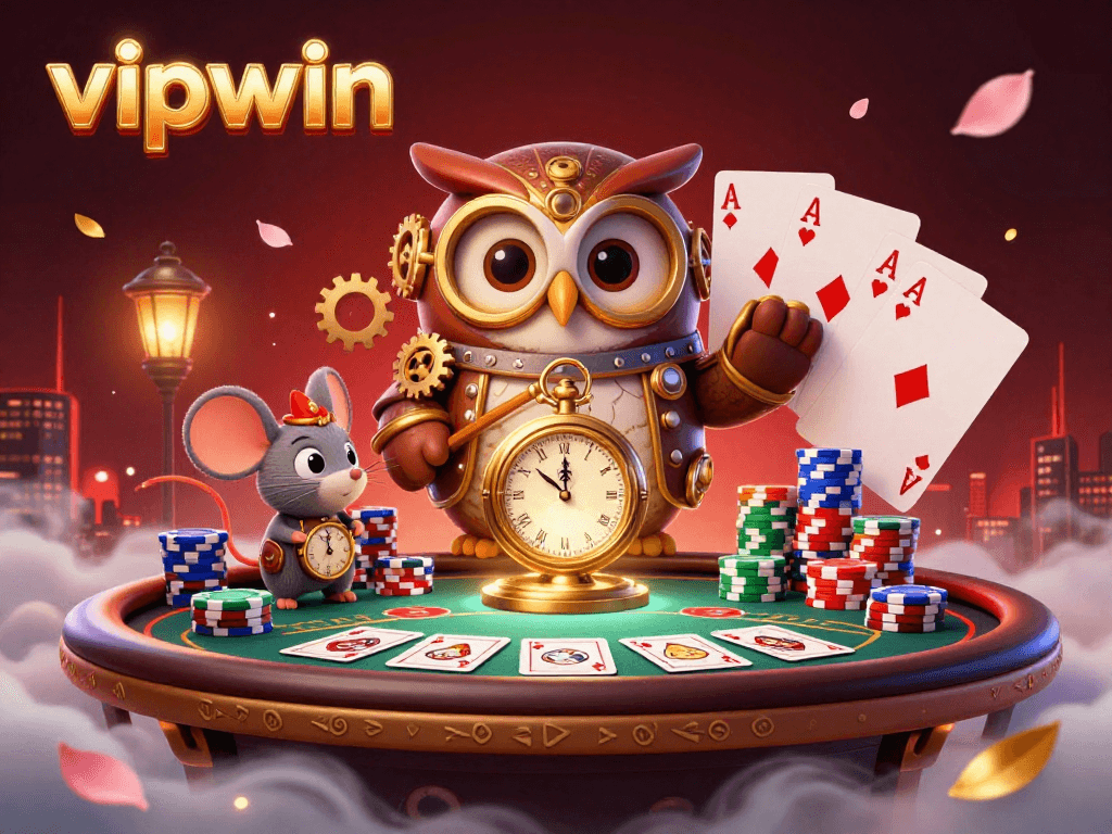 Experience the thrill of vipwin with a vibrant casino scene featuring a steampunk owl, poker elements, and rich details.
