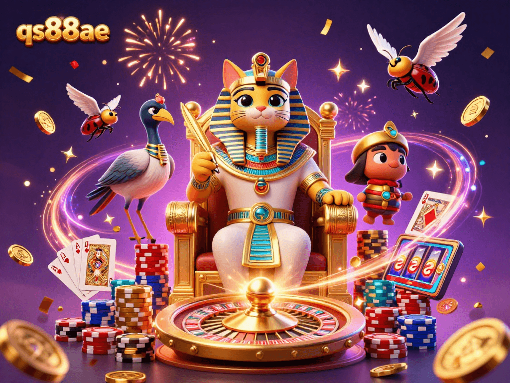 Experience excitement with the qs88ae casino, featuring a pharaoh cat and game elements.
