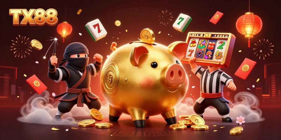 TX88 piggy bank sumo wrestler and ninja duel amidst slot reels and gold coins.