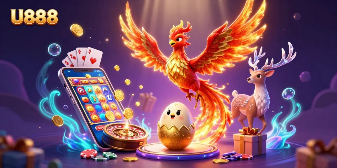 U888 ignites excitement with a phoenix and baby emerging in a rich casino scene.