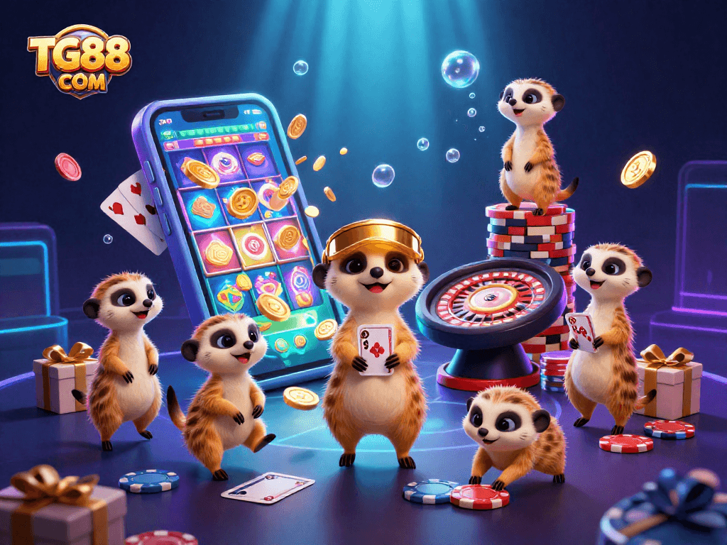 Experience the excitement of TG88 COM with meerkats running a colorful casino operation filled with vibrant games.