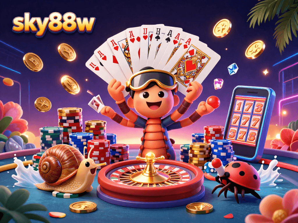 Engage with sky88w's vibrant casino scene showcasing dynamic games and characters in action.