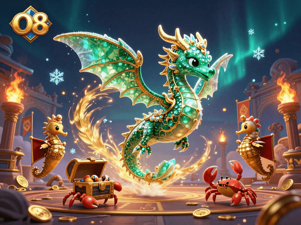Engage with O8's exciting gaming world featuring a treasure chest and sea dragon!