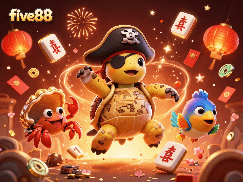 Experience the vibrant world of five88 with a playful scene featuring a pirate turtle, lucky symbols, and festive colors.