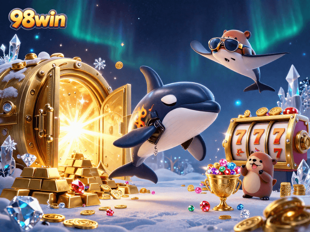 Experience high-rolling gaming with 98win featuring an orca and otters celebrating golden wins.