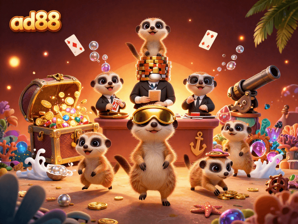 Experience thrilling games at ad88 casino with cartoon meerkats celebrating a jackpot.