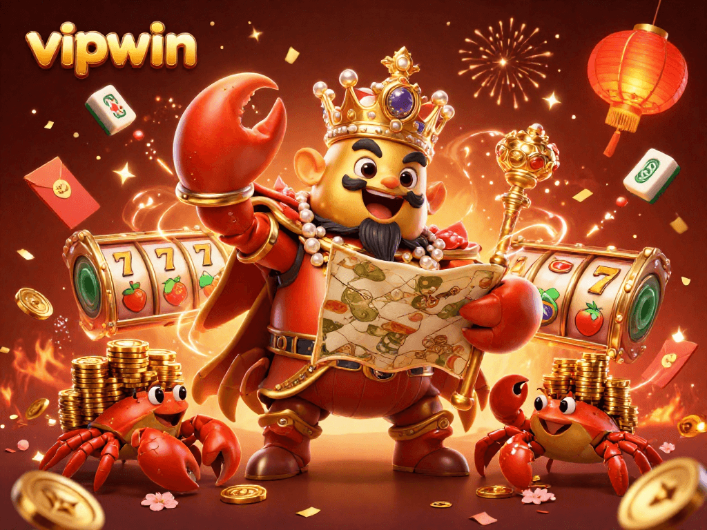 Experience thrilling gameplay with vipwin’s golden crab emperor in a vibrant casino scene.