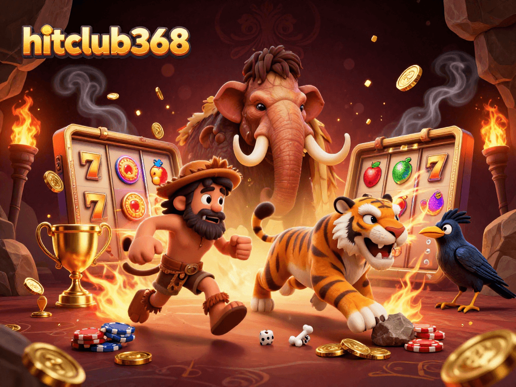 Experience the excitement of hitclub368 with a lively 3D casino scene featuring classic slots and character interactions.