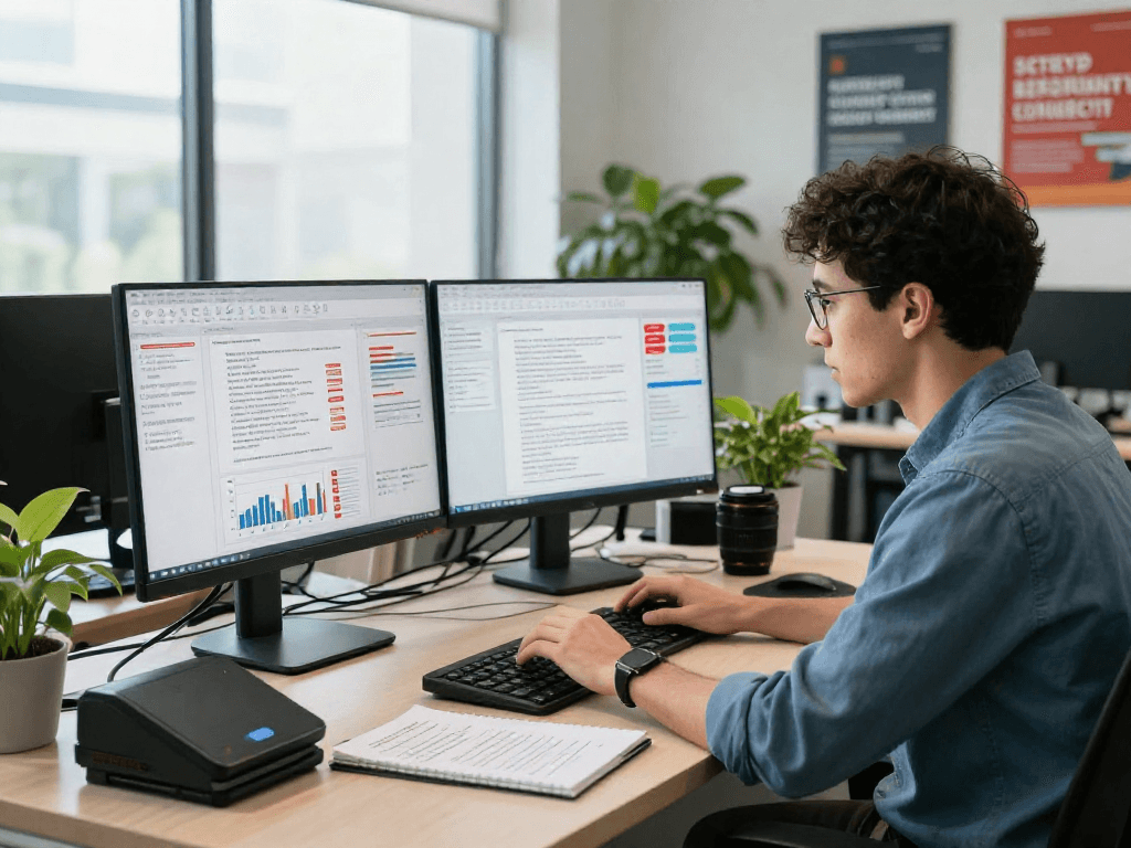 Document fraud detection analysis with a data analyst reviewing alerts in a modern office.