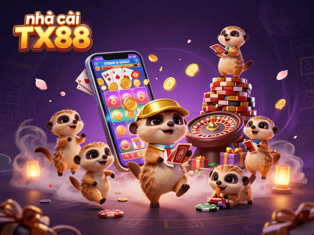 Engage with nhà cái TX88's vibrant casino world featuring meerkats in a compelling 3D scene.