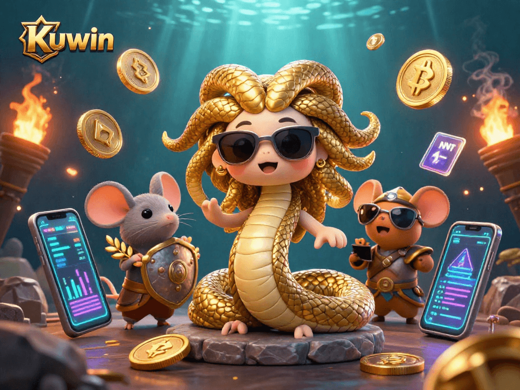 Experience the exciting world of Kuwin with this engaging 3D illustration featuring mythical characters and vibrant crypto elements.