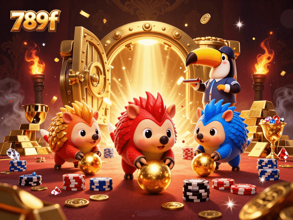 Watch the rival pangolins compete in a vibrant 789f casino scene filled with treasures and excitement.