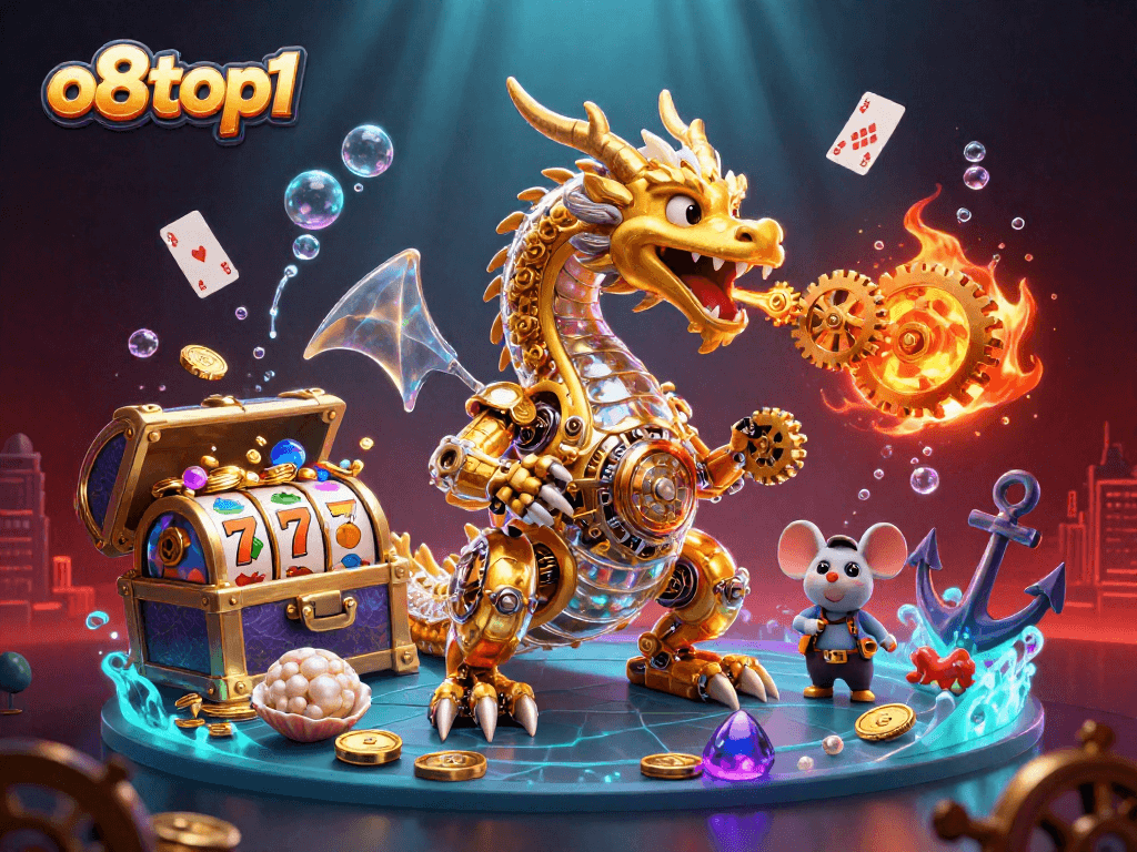 Engage in exciting casino gameplay with o8top1 featuring a golden dragon, slot reels, and treasure!