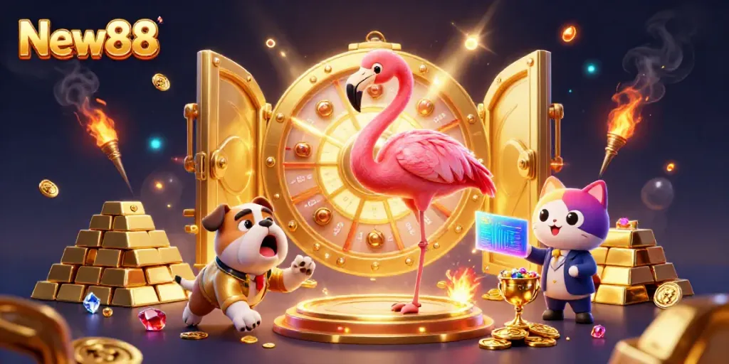Experience New88's thrilling casino excitement with vibrant 3D characters and gleaming treasures.