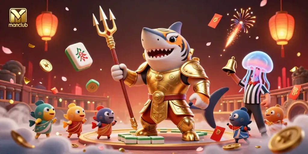 Join the excitement at Manclub, featuring a tiger shark in a gladiator arena surrounded by casino elements.