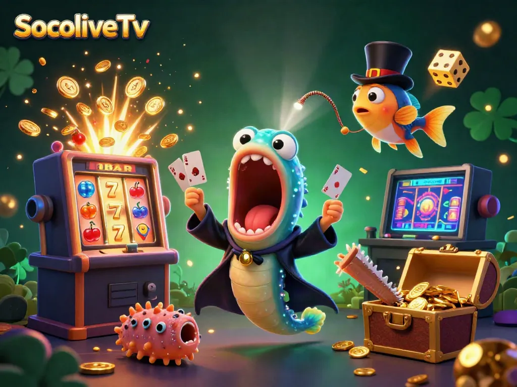 Experience the vibrant world of SocoliveTv with our dynamic casino-themed illustration showcasing fun characters and gaming action.