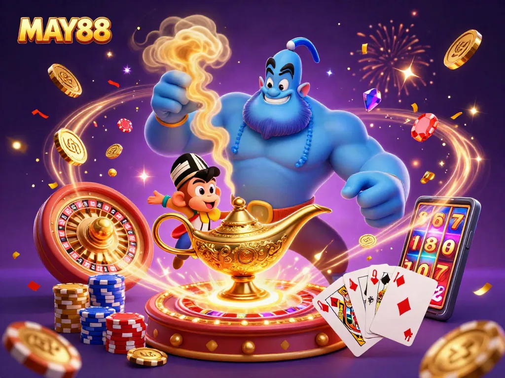 MAY88 offers thrilling casino experiences with a magical genie, poker chips, and exciting gameplay visuals.