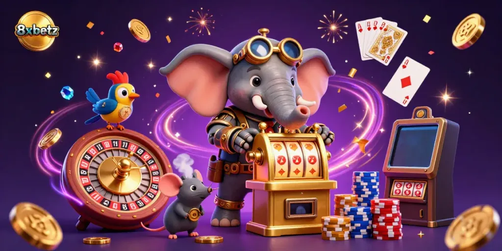 Experience the thrilling world of 8xbetz with a stunning 3D illustration of a steampunk elephant at a golden slot machine.