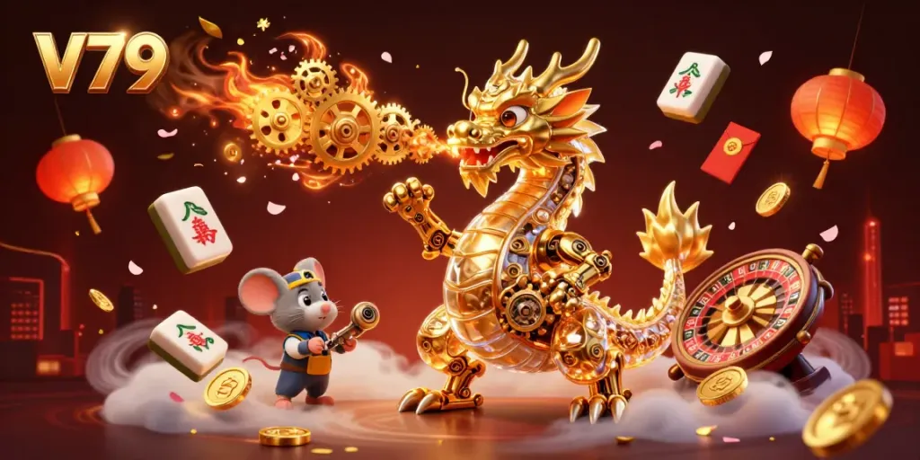 Experience thrilling gaming at V79 with a dynamic scene featuring a golden dragon and exciting casino elements.