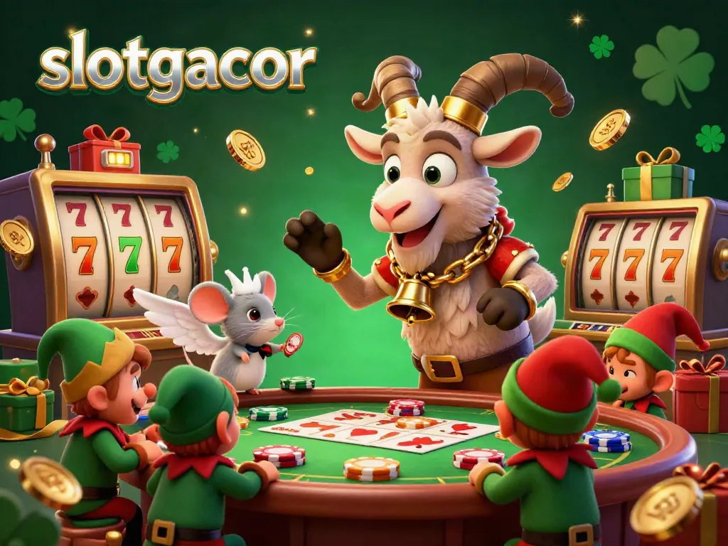 Slotgacor's animated scene shows Krampus hosting a thrilling casino night with vibrant slot reels, mischievous elf gremlins, and festive chaos.
