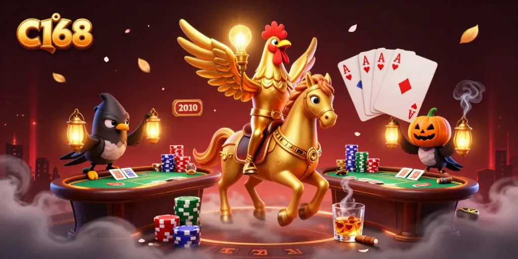 C168 thrives in a midnight casino scene with a golden rooster and lantern-carrying crows, engaging players.