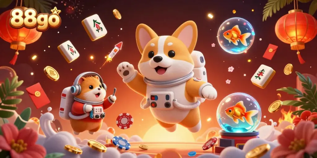 Engage with the casino experience at 88go featuring a dynamic scene of floating characters amid casino elements.