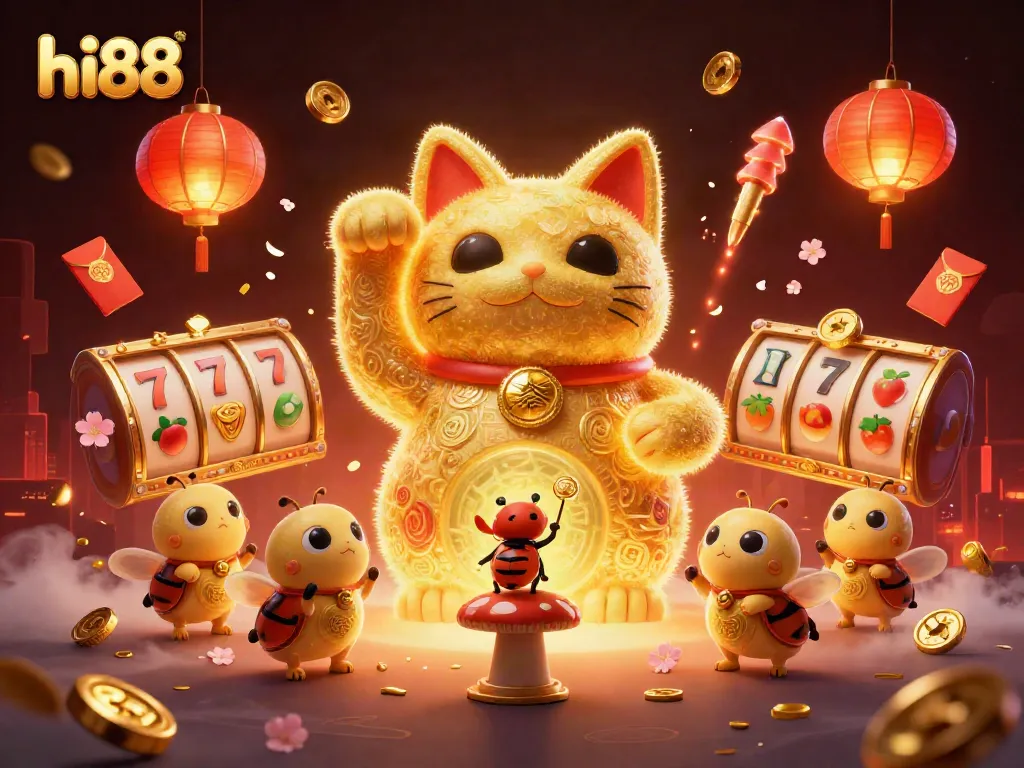 Experience slots excitement at hi88 with a lucky cat made of golden fireflies.