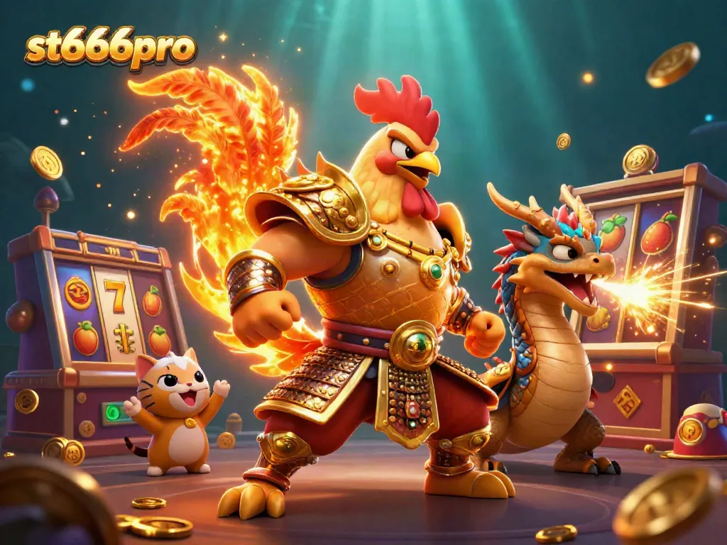 Engage with st666pro as a powerful rooster warrior meets a dragon hatchling in a vibrant casino scene.