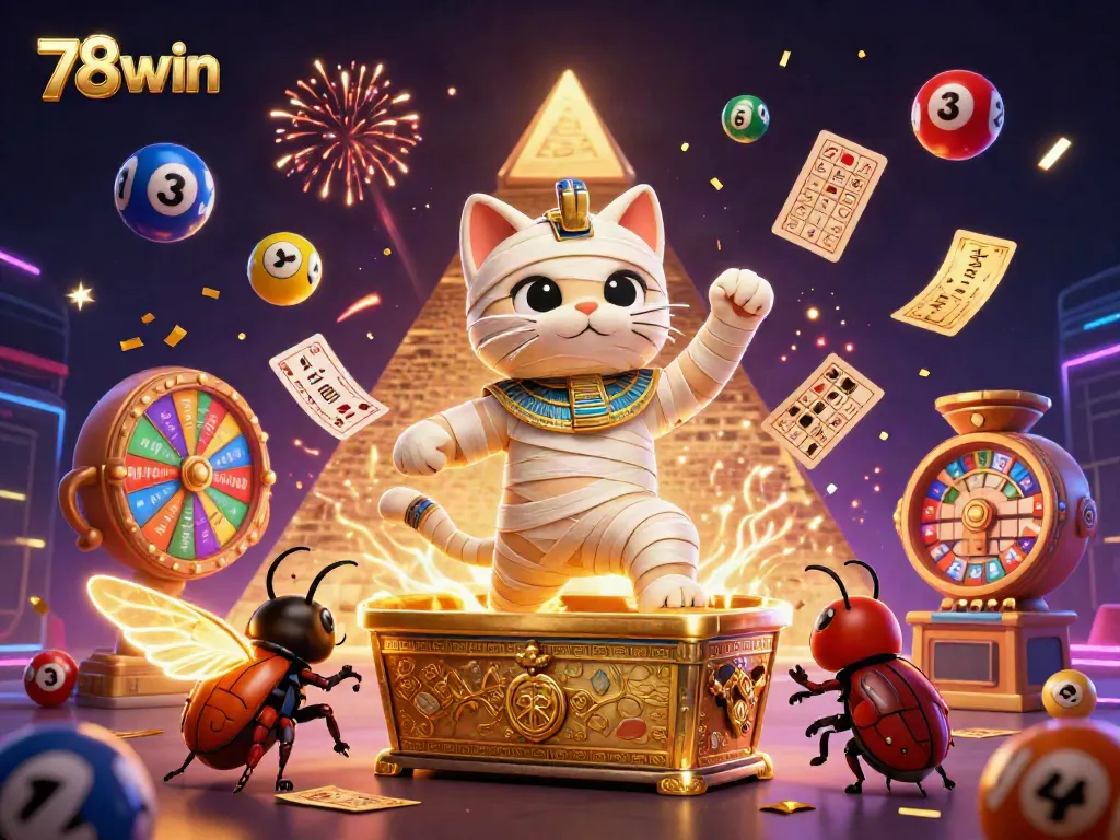 Experience exciting gameplay with 78win in a vibrant 3D casino scene featuring a mummy cat and lottery elements.