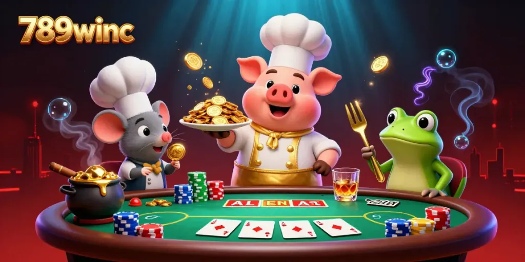 Experience thrilling wins with 789winc as a chef pig serves gold coins in a vibrant casino scene.