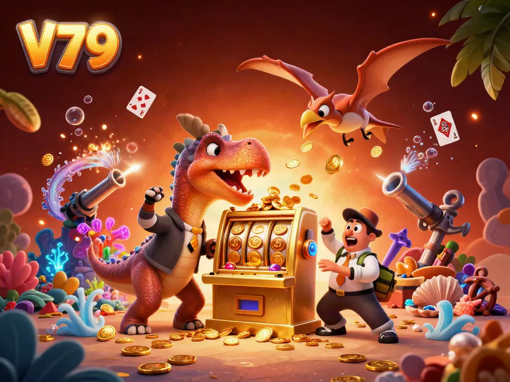 Experience V79's thrilling jackpots with a dinosaur-themed casino scene featuring vibrant characters and dynamic elements.