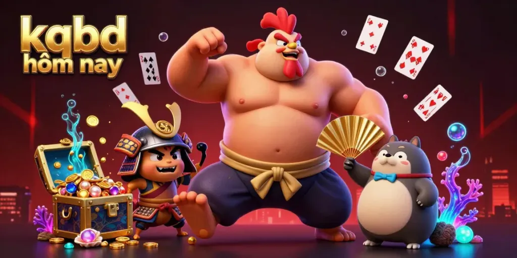 Experience real-time updates of kqbd hôm nay with a vibrant scene featuring a sumo rooster and samurai cricket surrounded by dynamic casino elements.