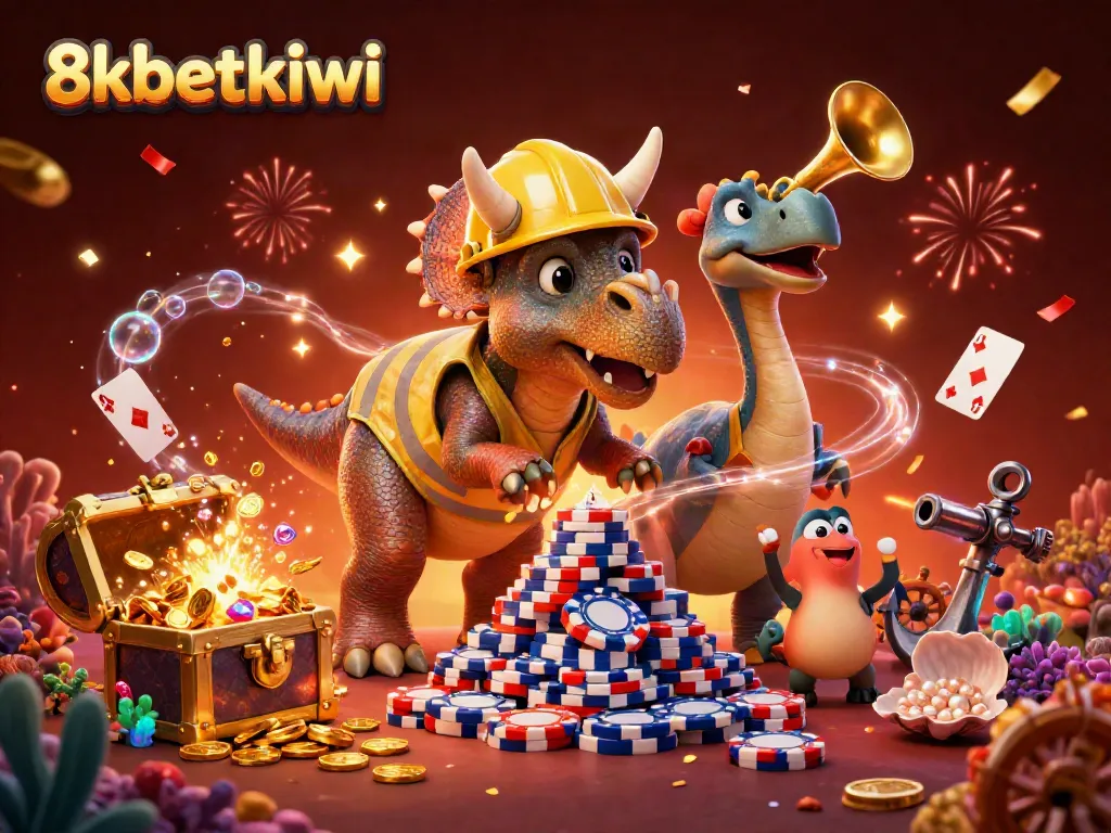 Engage with 8xbetkiwi through a vibrant 3D illustration celebrating casino fun and gaming elements.