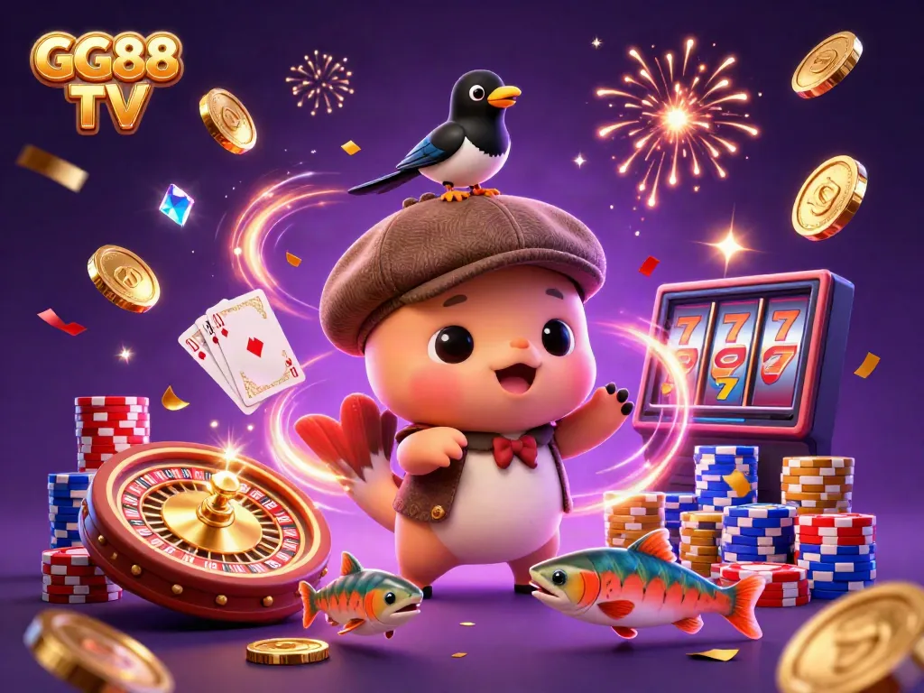 Engage with GG88 TV's captivating casino scene featuring Nessie, coins, and slot reels.