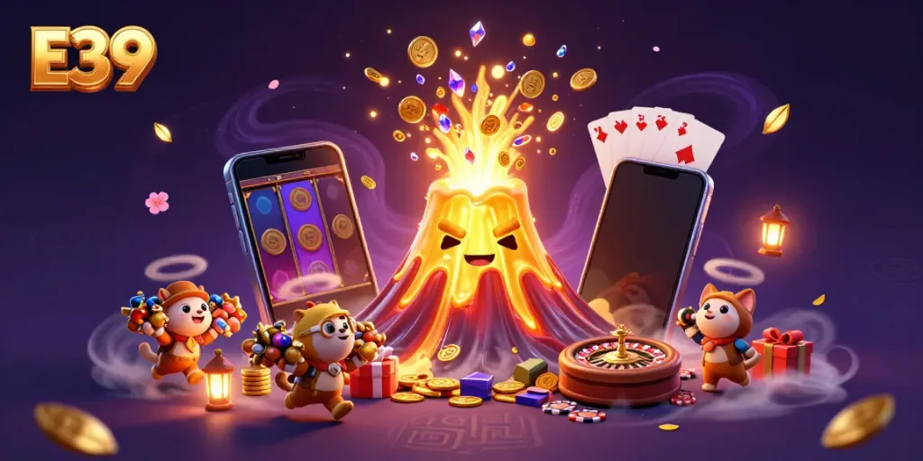 E39's triumphant volcano erupts with treasures amid vibrant casino games and a colorful, fun atmosphere.