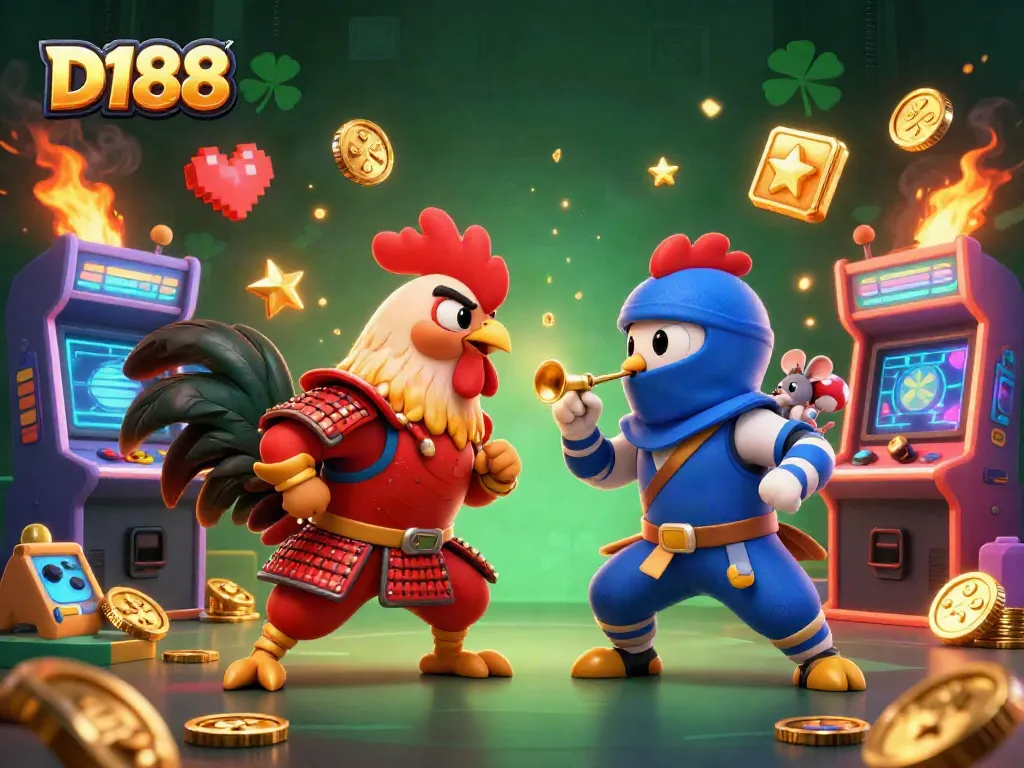 D188 engaging duel with roosters amid vibrant casino-themed elements like arcade machines and glowing coins