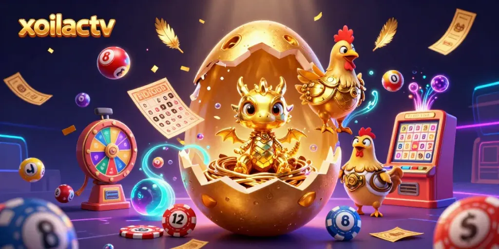 Experience the vibrant and dynamic excitement of xoilactv's gold-themed gambling scene featuring colorful elements and magical creatures.