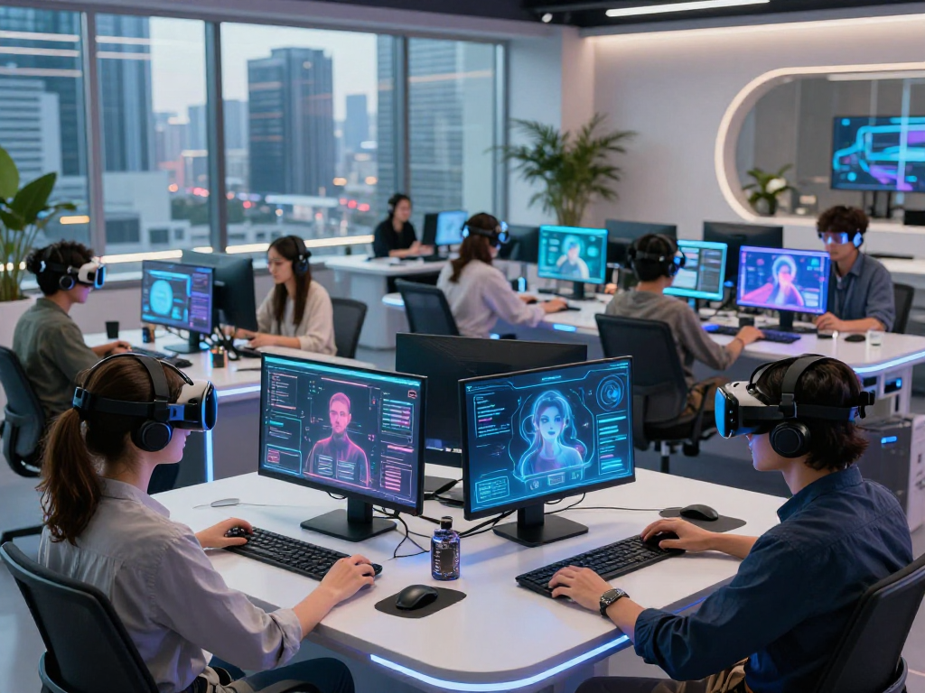 Engaging AI roleplay scene in a modern tech hub showcasing immersive digital interactions.