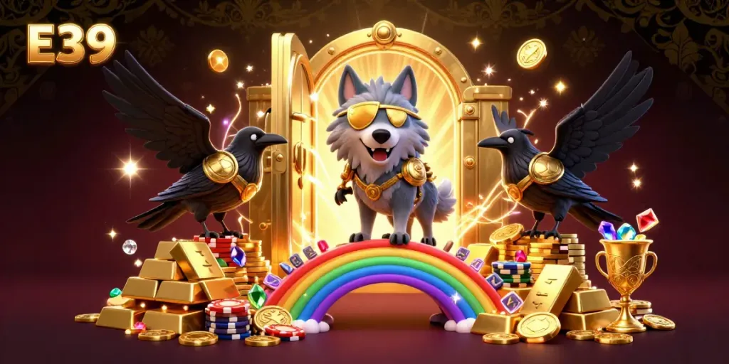 Engage in the vibrant E39 gaming universe with Odin and his ravens on a rainbow chip bridge.