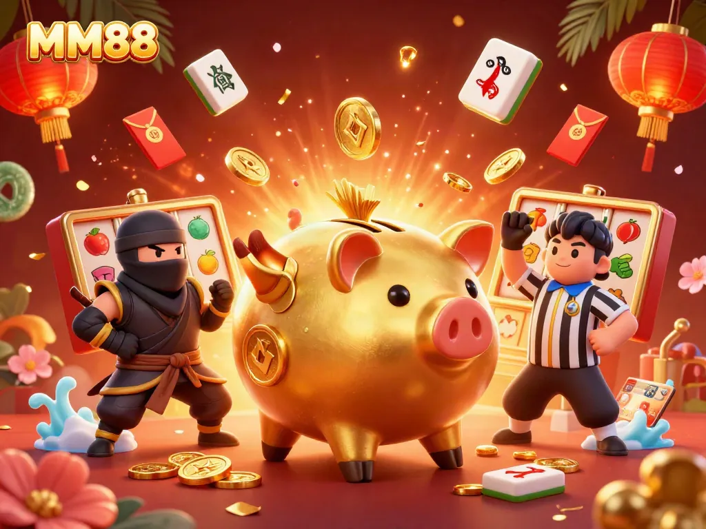 Engage with MM88's exciting slot games through dynamic piggy bank action and colorful game elements.