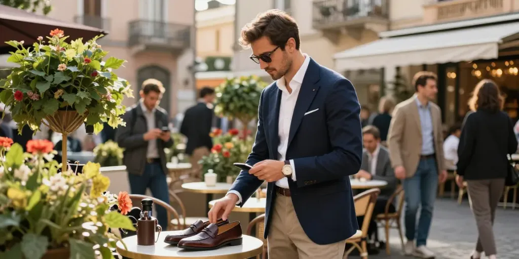 Stylish man in men's classic clothing browsing luxury items at a chic cafe.