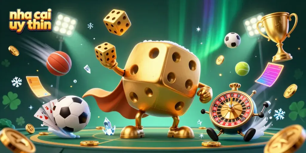 Dice golem juggling golden dice amidst vibrant sports elements for nha cai uy tin promotion.