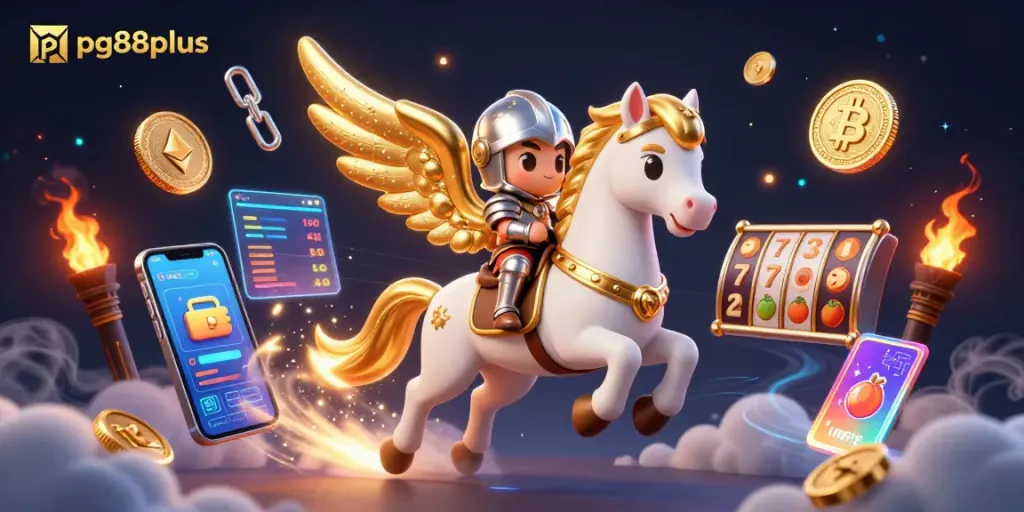 Engage with innovative gaming at pg88plus featuring a vibrant 3D casino illustration highlighting crypto elements.