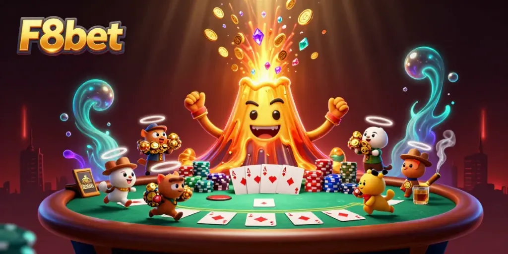 Engage in winning strategies at F8bet with thrilling golden volcano and treasure-filled illustration.