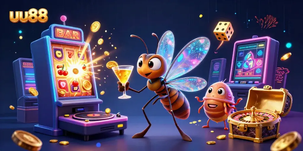 Experience thrilling gameplay with uu88 as a cartoon mosquito mascot and casino elements burst with excitement.