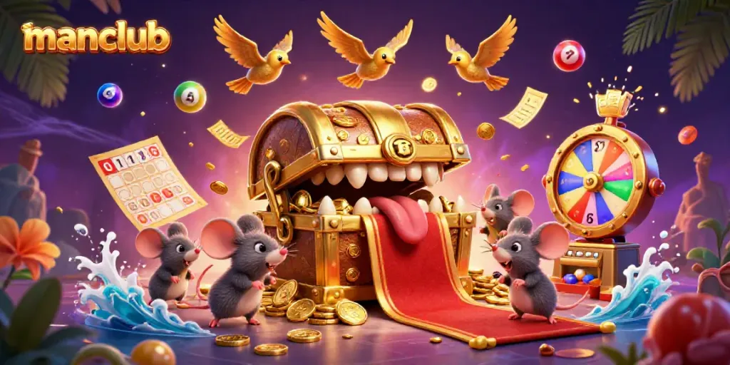 Engage with manclub's thrilling casino experience featuring vibrant lottery elements and golden treasures.